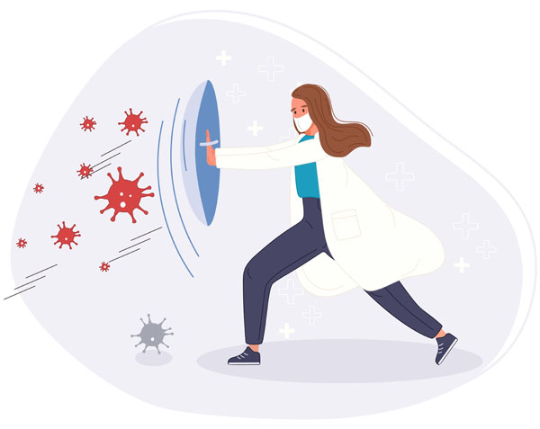 Fight and protect Coronavirus concept. Medical staff fight protective shield with pandemic. Vector illustration Aloe Mind Malaysia | Mental Healthcare Services in Malaysia and Singapore